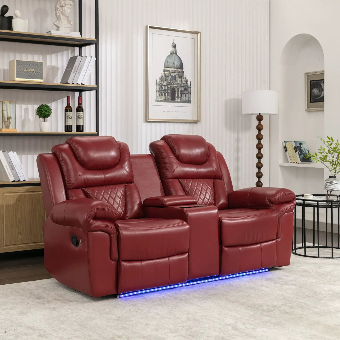 Home Theater Seating Manual Recliner Loveseat With Hide-Away Storage, Cup Holders And Led Light Strip For Living Room by Unique Piece Furniture