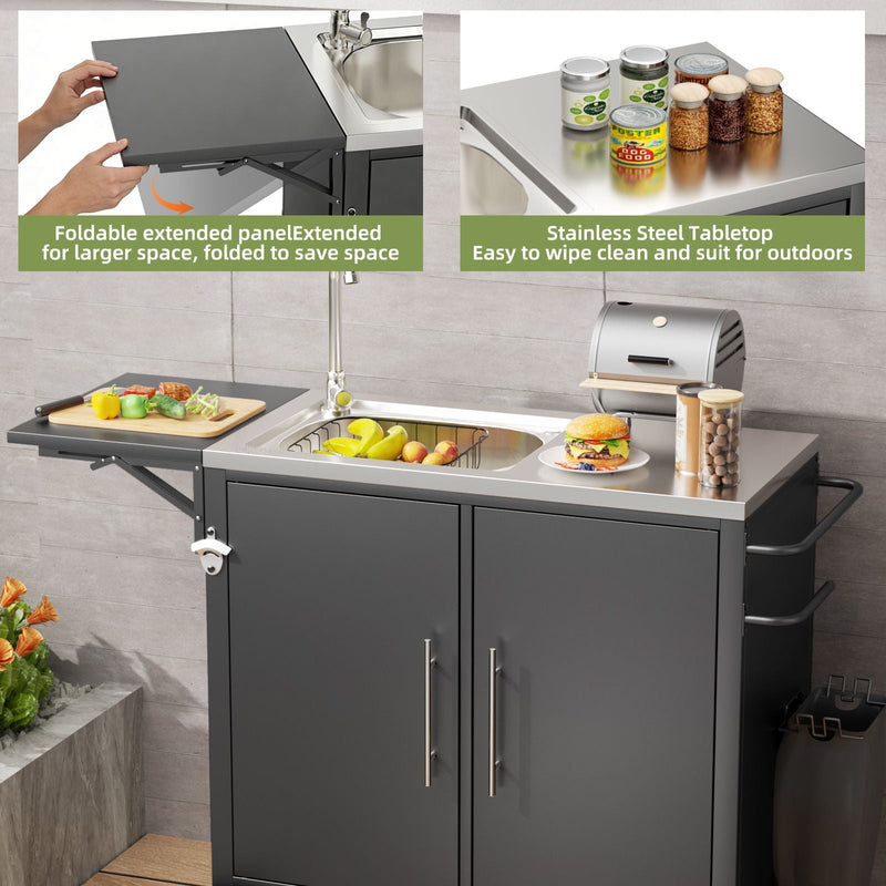 Outdoor Grill Table With Sink, Worktable Kitchen Cabinet Island With Wheels & Foldable Top - Black by HouseOfZazla