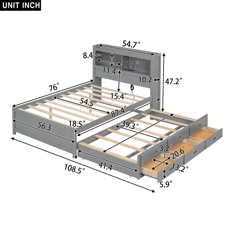 Full Size Platform Bed With Trundle, Drawers, USB Ports And Built In Shelves - Gray by HouseOfZazla