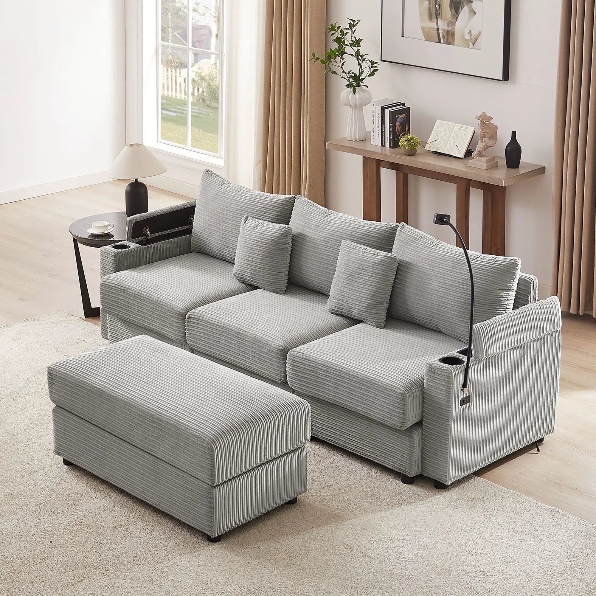Modern Style Loveseat Sofa Sectional Sofa Couch With Storage Space, A Movable Ottoman, Two USB Ports, Two Cup Holders, A Phone Holder For Living Room by HouseOfZazla
