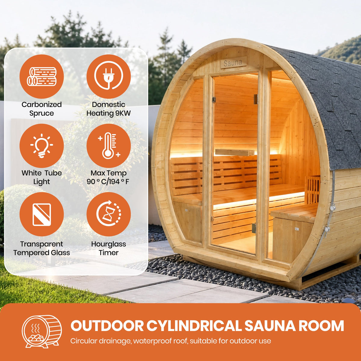 9000W 240V Finnish Carbonized Spruce Outdoor Sauna Room, photo 5 of 10