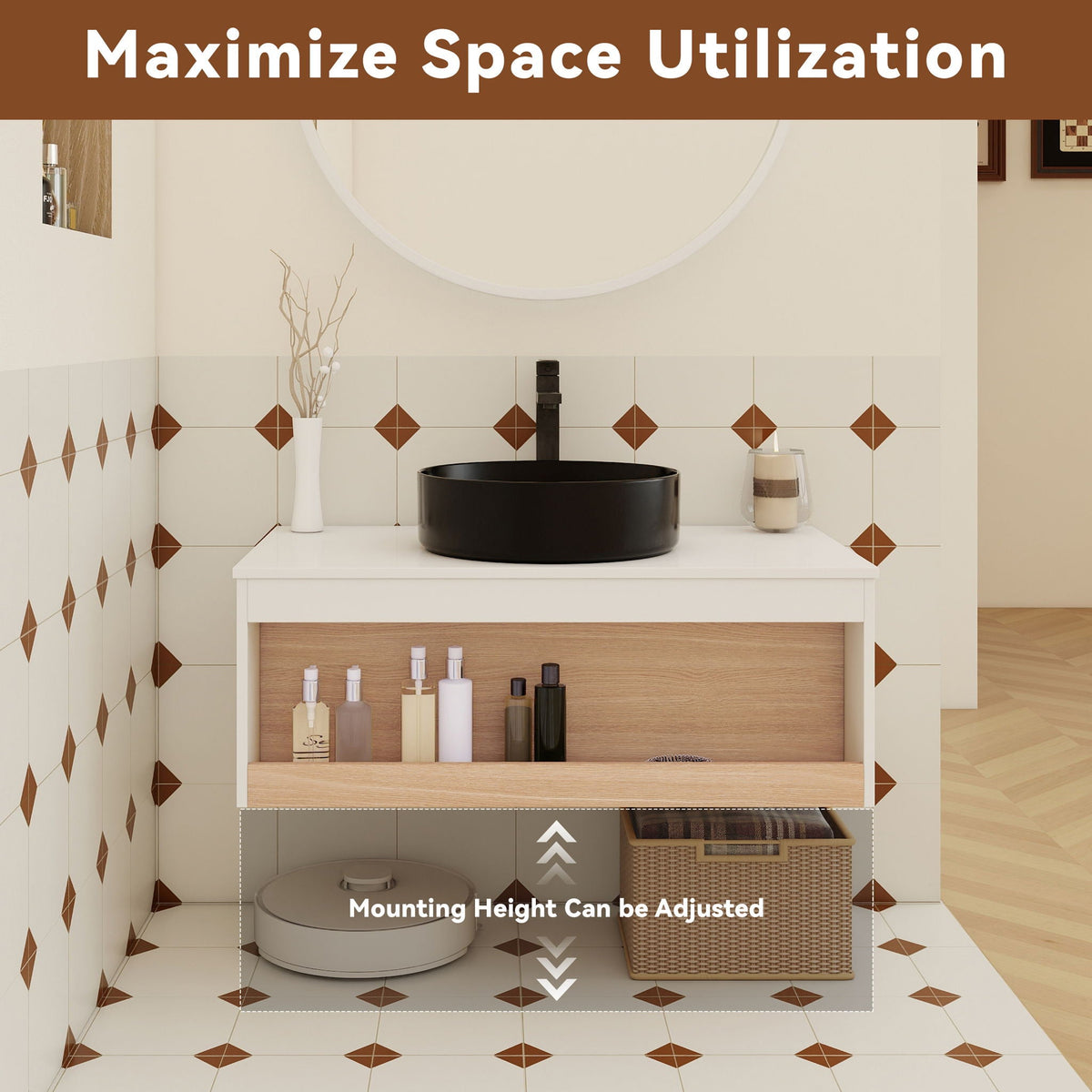 Floating Bathroom Vanity With Glossy Round Vessel Sink, photo 27 of 40
