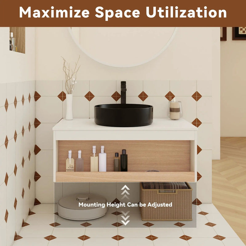 Floating Bathroom Vanity With Glossy Round Vessel Sink