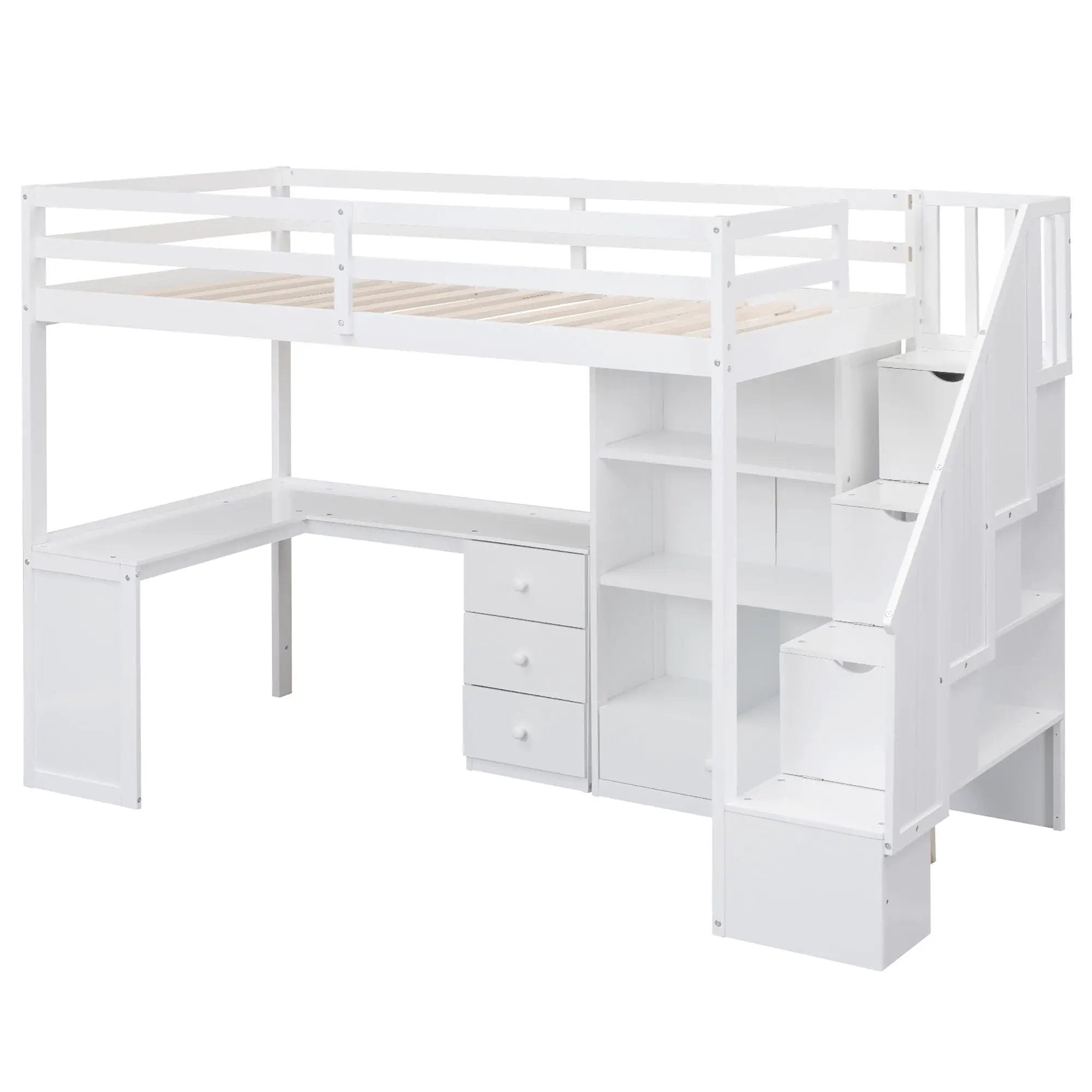 Loft Bed With L Shaped Desk, Drawers, Cabinet, And Storage Staircase by Unique Piece Furniture