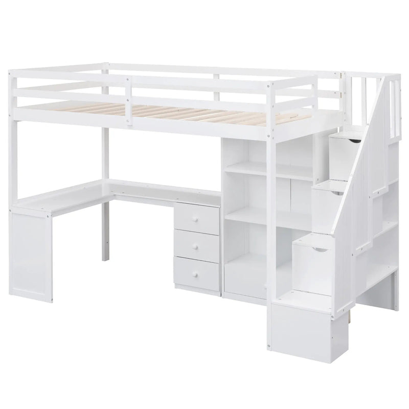 Loft Bed With L Shaped Desk, Drawers, Cabinet, And Storage Staircase by Unique Piece Furniture