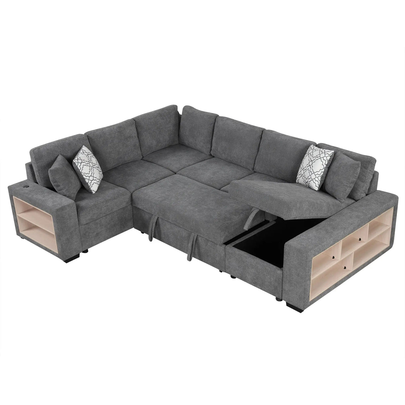 U-Shaped Sectional Sofa Pull-Out Sofa Bed With Two USB Ports, A Storage Chaise Lounge And Four Back Pillows For Living Room by HouseOfZazla
