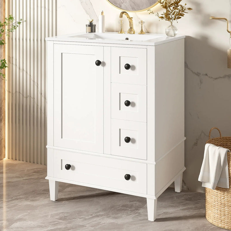 Bathroom Vanity With Integrated Basin, Soft Close Drawers, Door Mounted Double Layer Shelf by Unique Piece Furniture