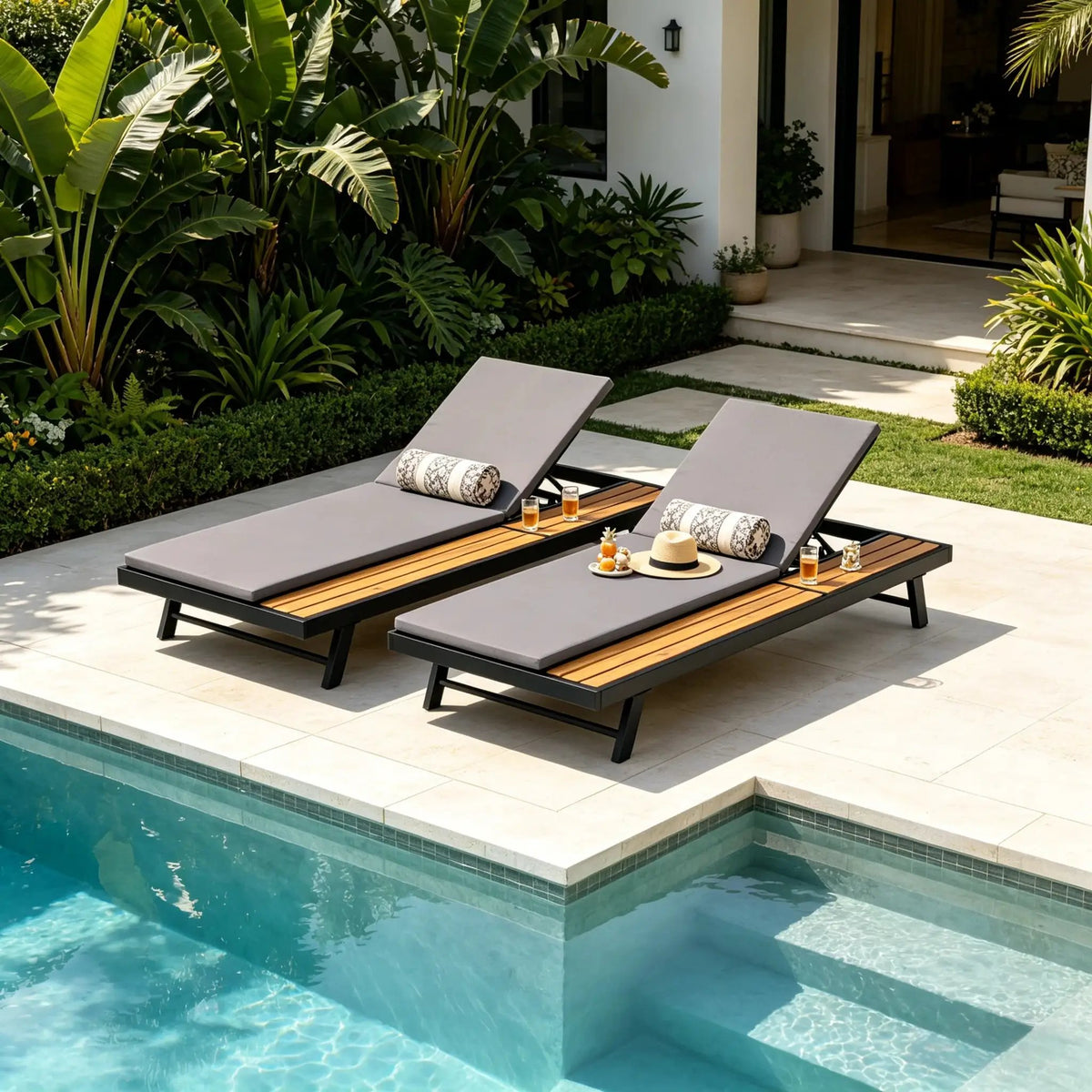 Black Iron + Teak Finish Outdoor Chaise Lounge Set by HouseOfZazla