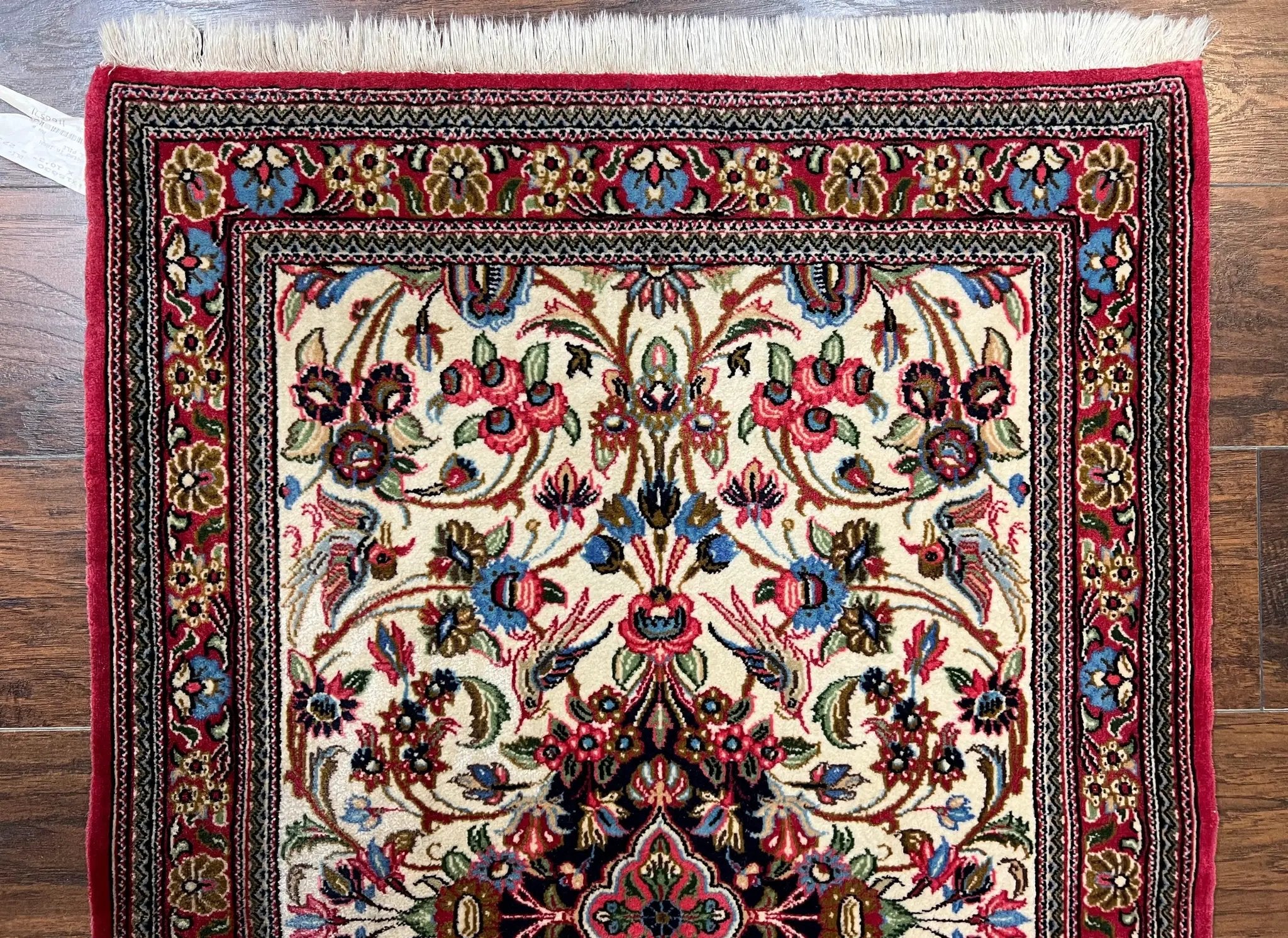 Wonderful Persian Qum Runner Rug 2.8 x 10 ft, Floral Medallions with Bird Motifs, Hand Knotted Wool Fine Oriental 10ft Hallway Runner, Cream Red by Jewel Rugs