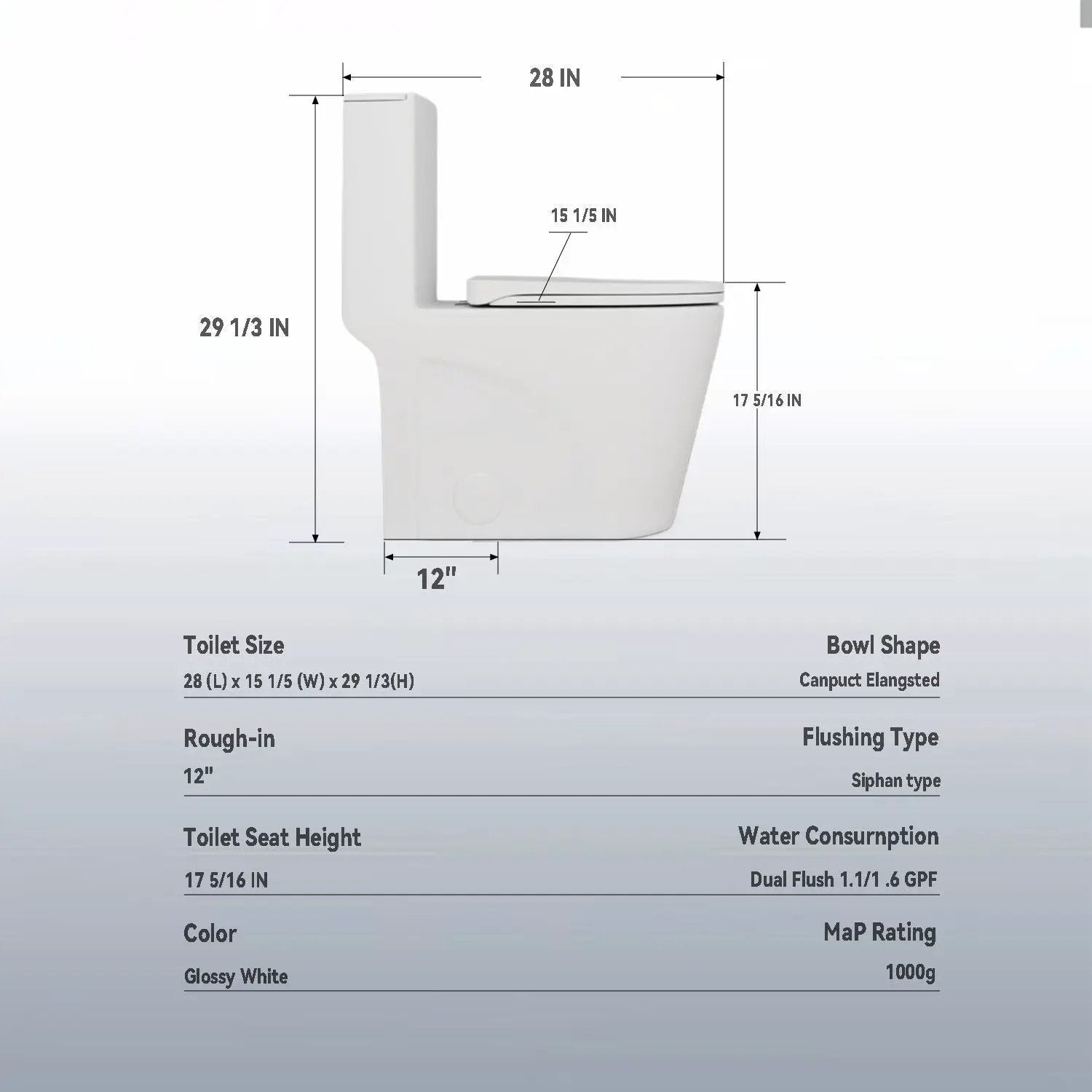 Upgraded Design Armrest, With Glossy Gw 007 1 Piece Toilet With Tornado Flush, Soft Close Seat, Dual Flush Map 1000G, Comfort Chair Seat - Gloss White by HouseOfZazla