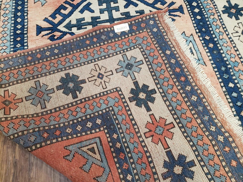 Turkish Kazak Rug 5x8 ft, Bold Geometric Bohemian Carpet, Blue and Ivory Hand Knotted Area Rug, Medium Sized High Quality Wool Oriental Rug by Jewel Rugs