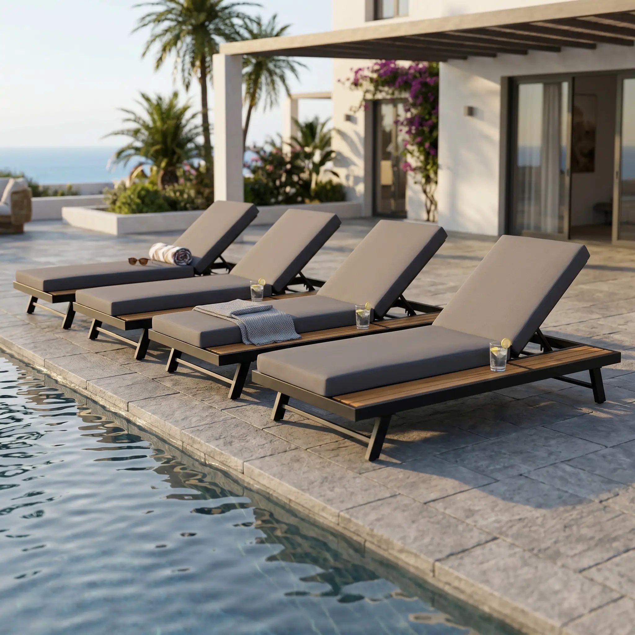 Black Iron + Teak Finish Chaise Lounge Set with Dark Grey Cushion by HouseOfZazla