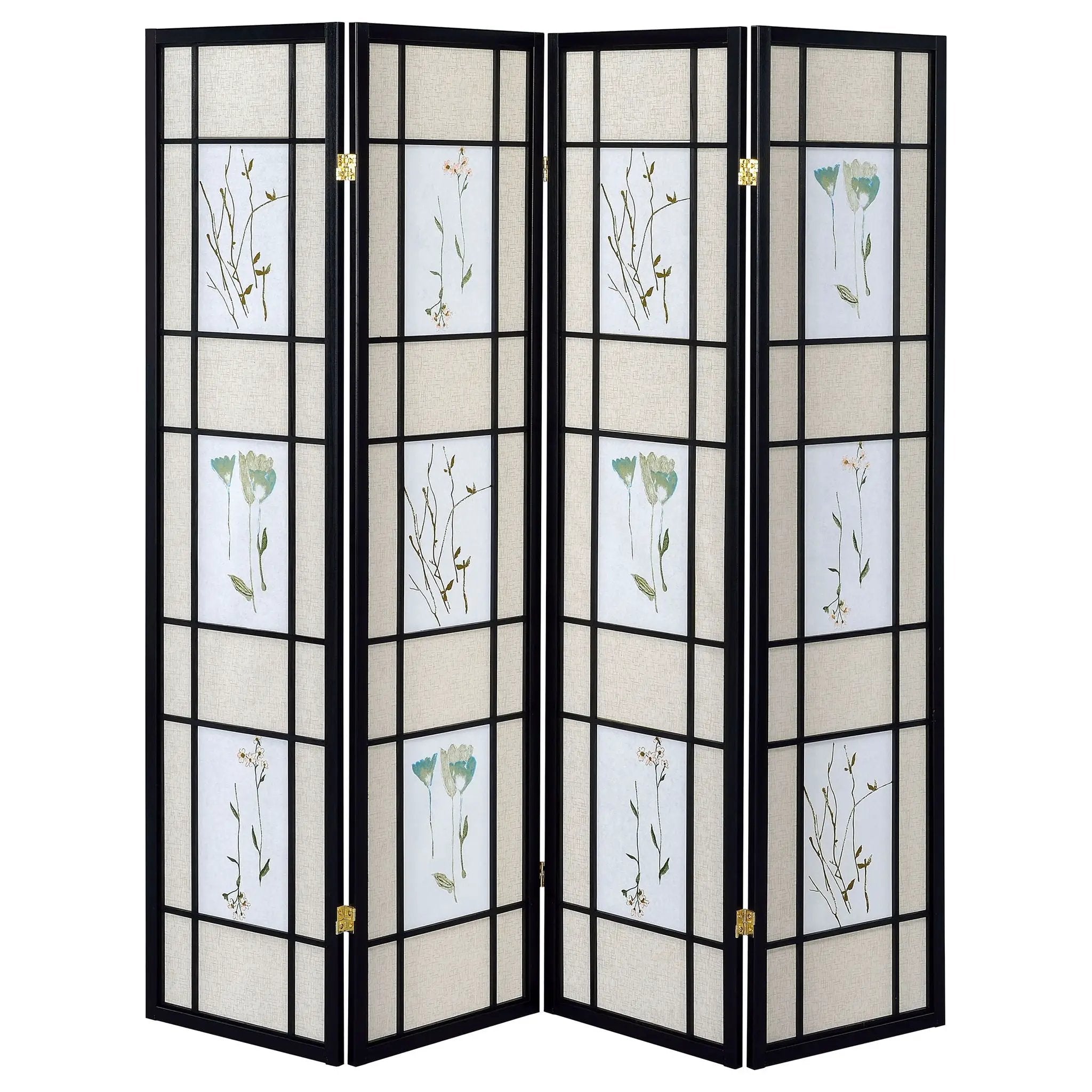 4 Panel Folding Screen With Floral Motif - Black by HouseOfZazla