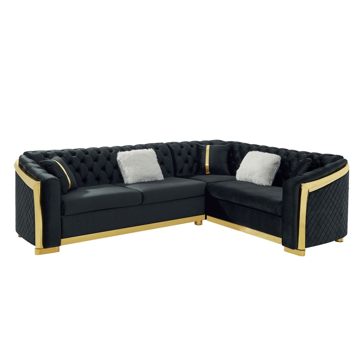 L Shaped Chesterfield Sectional Sofa with Stainless Steel Accents - Pink, Black, Beige, photo 3 of 10