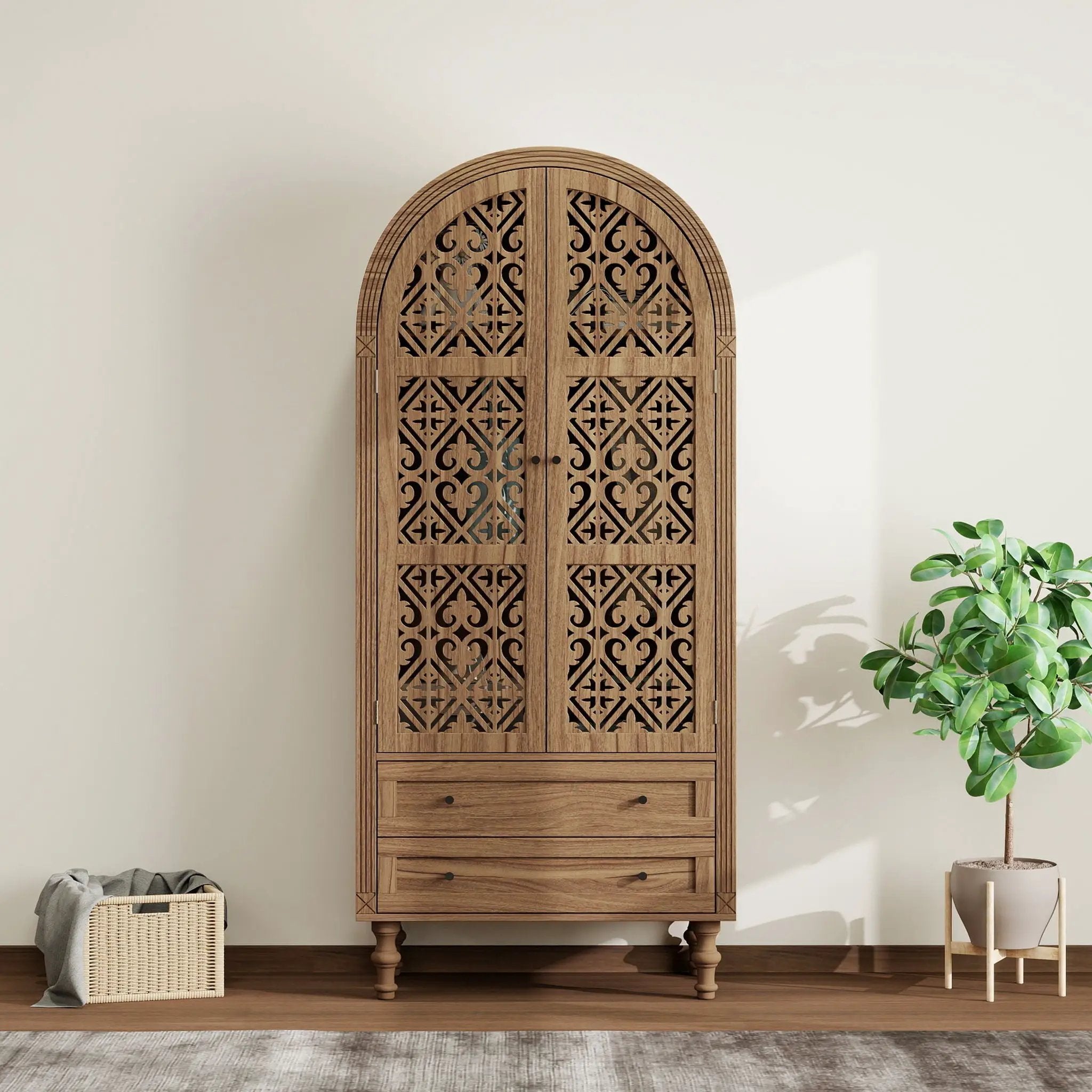 Tall Kitchen Pantry Cabinet With Hollow Carved Doors 2 Drawers And Adjustable Shelves Storage Display Cabinet For Kitchen Dining Room Or Living Room - Walnut by Unique Piece Furniture