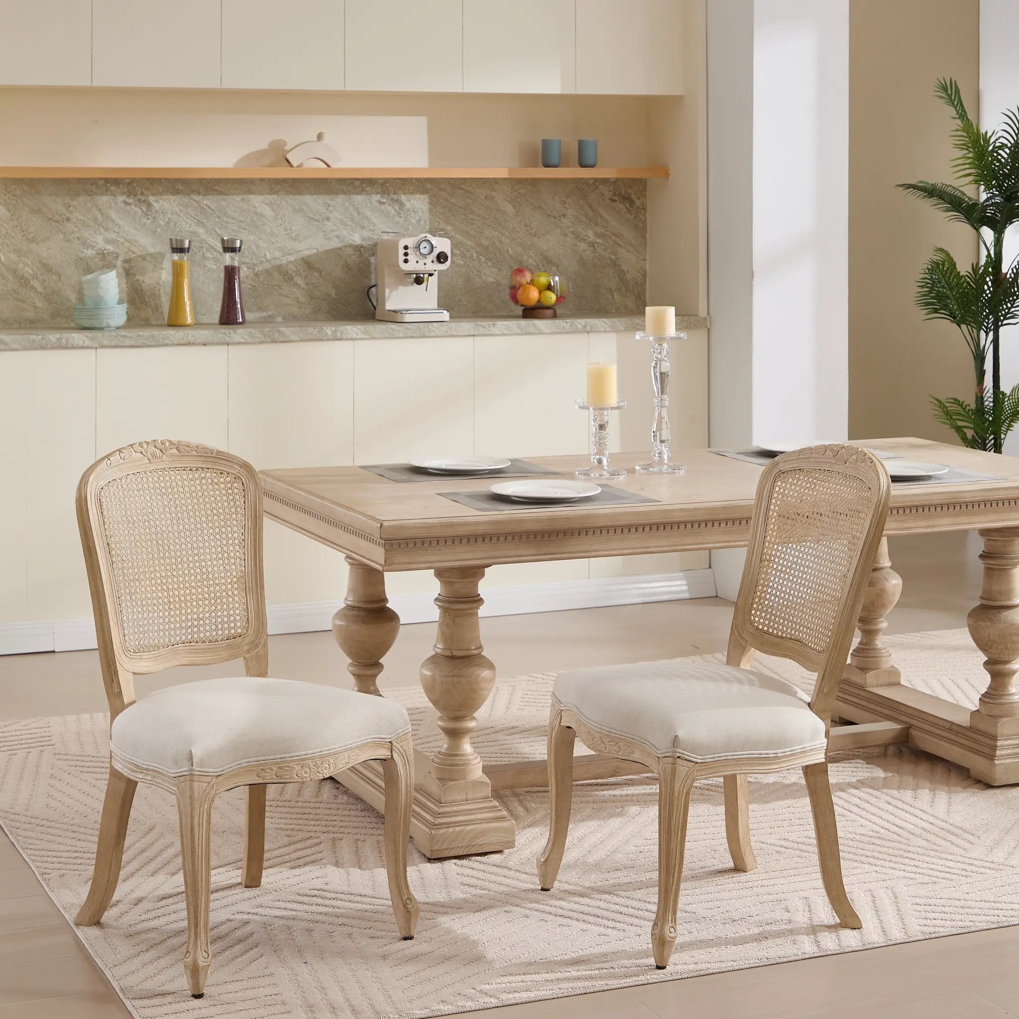 French Country Dining Chairs Set of 2, Upholstered with Rattan Fan-shaped Back by HouseOfZazla
