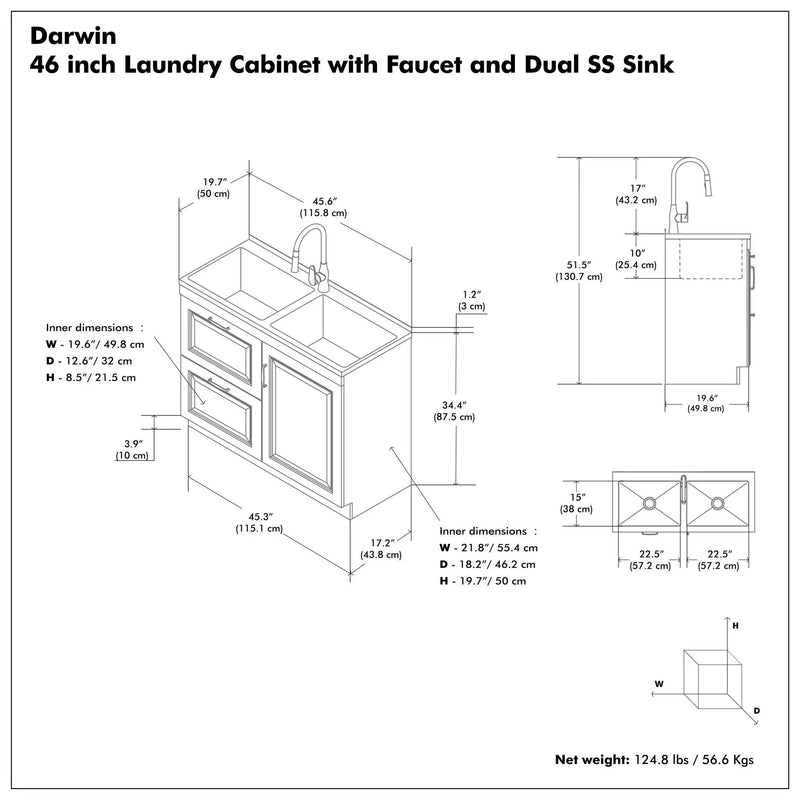 Darwin - Laundry Utility Sink And Cabinet With Dual Sinks, Pull Out Faucet - White by HouseOfZazla