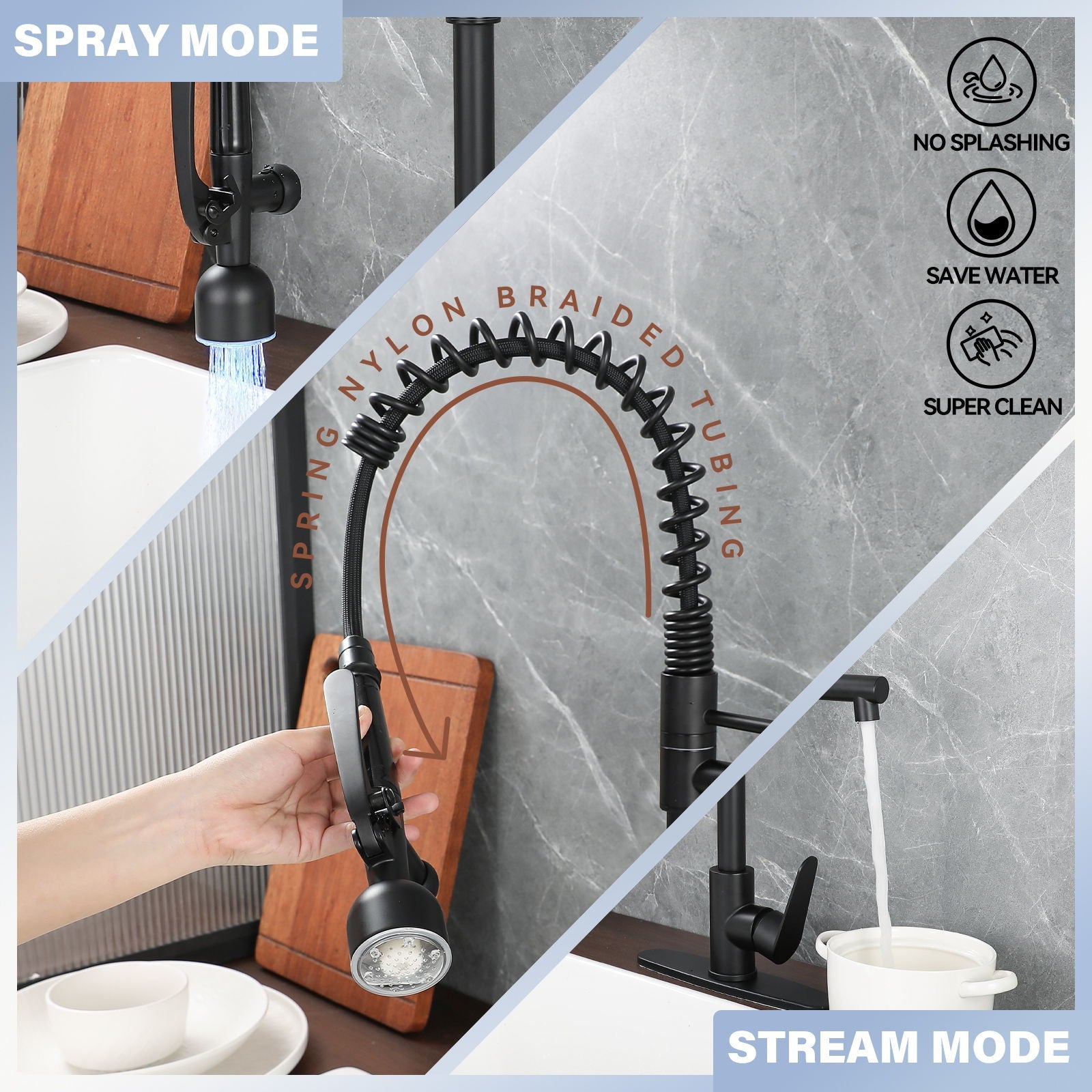 Kitchen Sink Faucet With LED Pull Down Sprayer, Single Handle High Arc Faucet, Dual Spouts, Deck Mount - Matte Black by HouseOfZazla