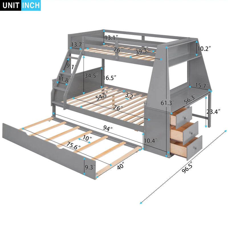 Bunk Bed With Trundle And Built In Desk, 3 Storage Drawers And Shelf by Unique Piece Furniture