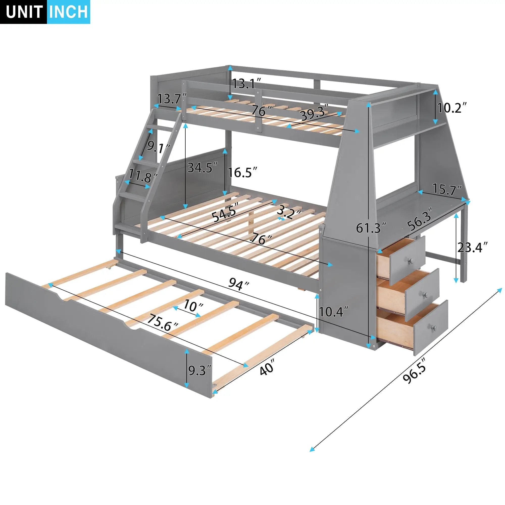 Bunk Bed With Trundle And Built In Desk, 3 Storage Drawers And Shelf by HouseOfZazla