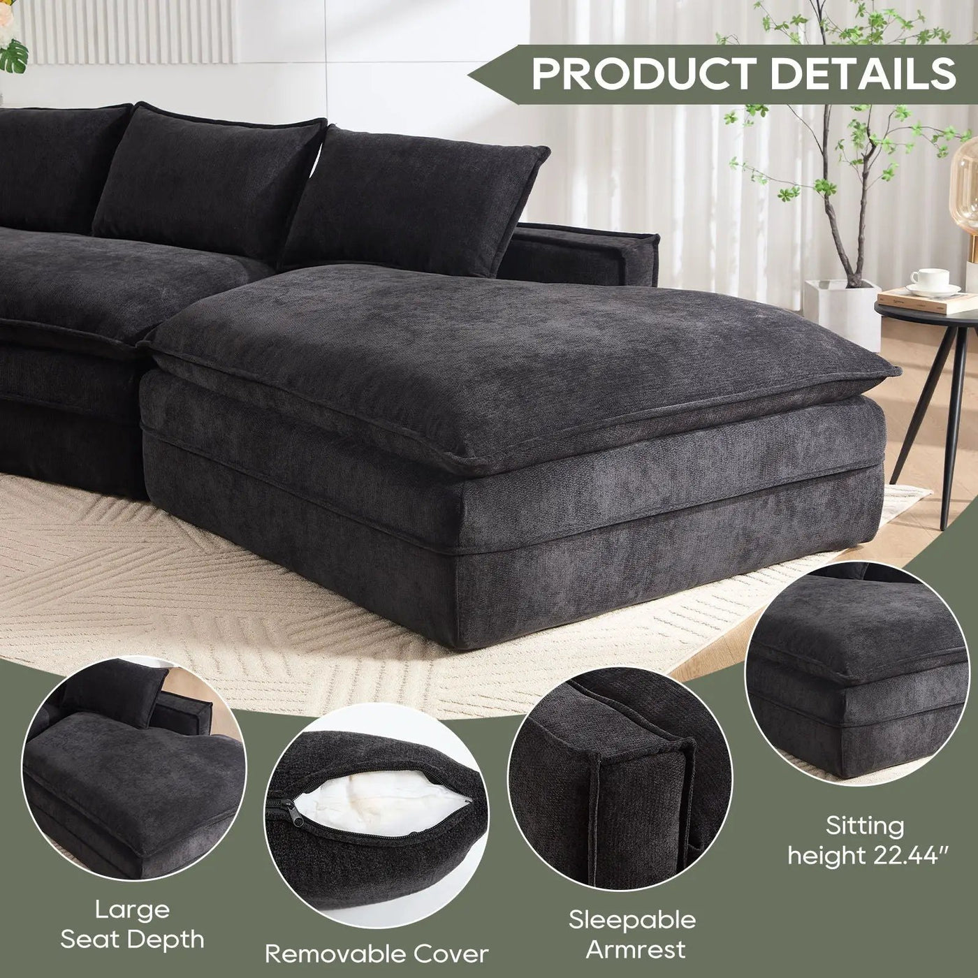 Modern Minimalist Modular Sectional Sofa With Deep Seats And Right Facing Chaise by Unique Piece Furniture