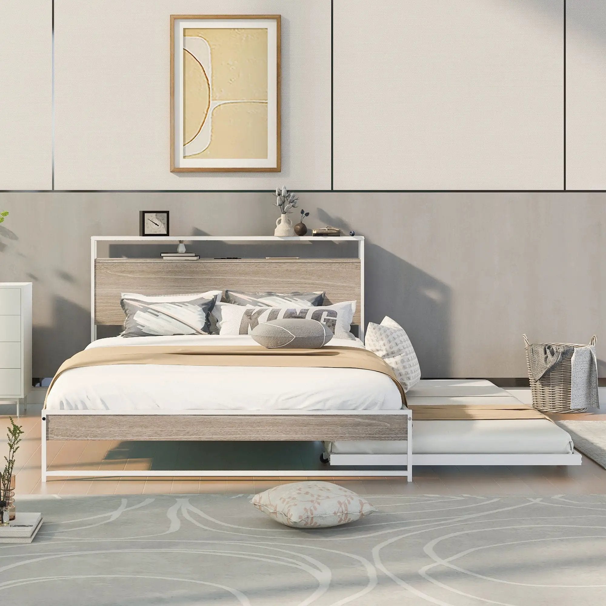 Platform Bed Frame With Trundle, USB Ports And Slat Support, No Box Spring Needed by HouseOfZazla