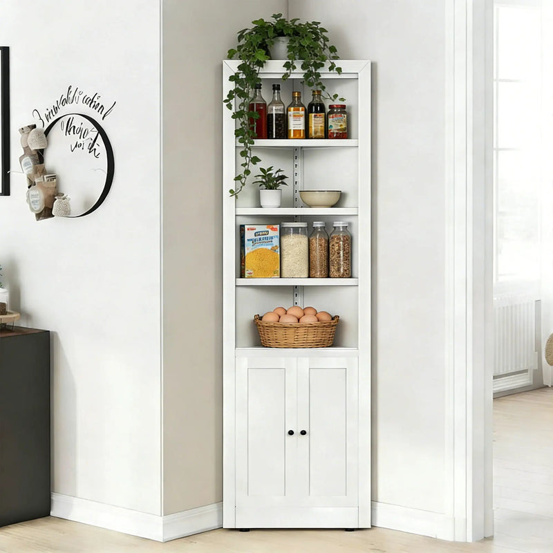 Tall Corner Storage Cabinet With 2 Doors, 5-Tier With Adjustable Shelves, Freestanding - White by HouseOfZazla