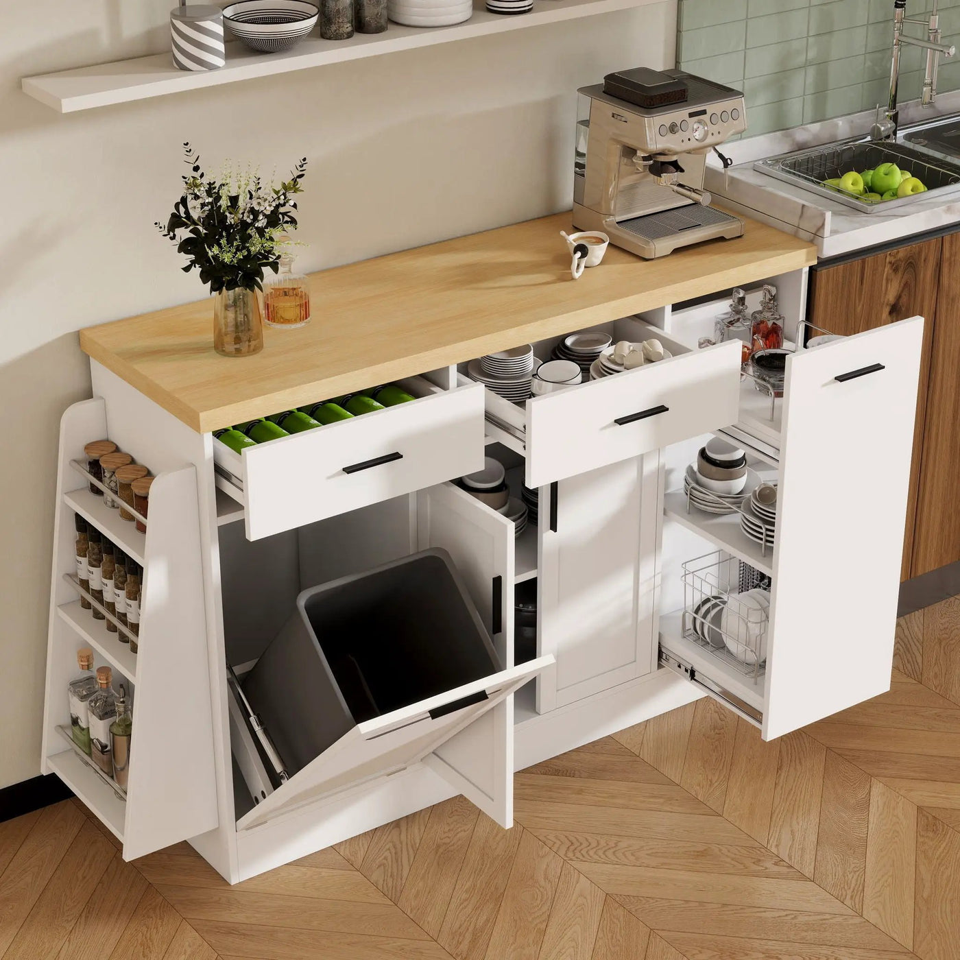 Kitchen Sideboard With Sliding Door Cabinet, 3 Tier Spice Rack by HouseOfZazla