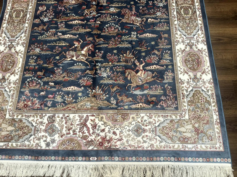 Turkish Silk Rug 5x8, Hunting Design, Animal Pictorials, Steel Blue & Ivory, Bamboo Silk by Jewel Rugs