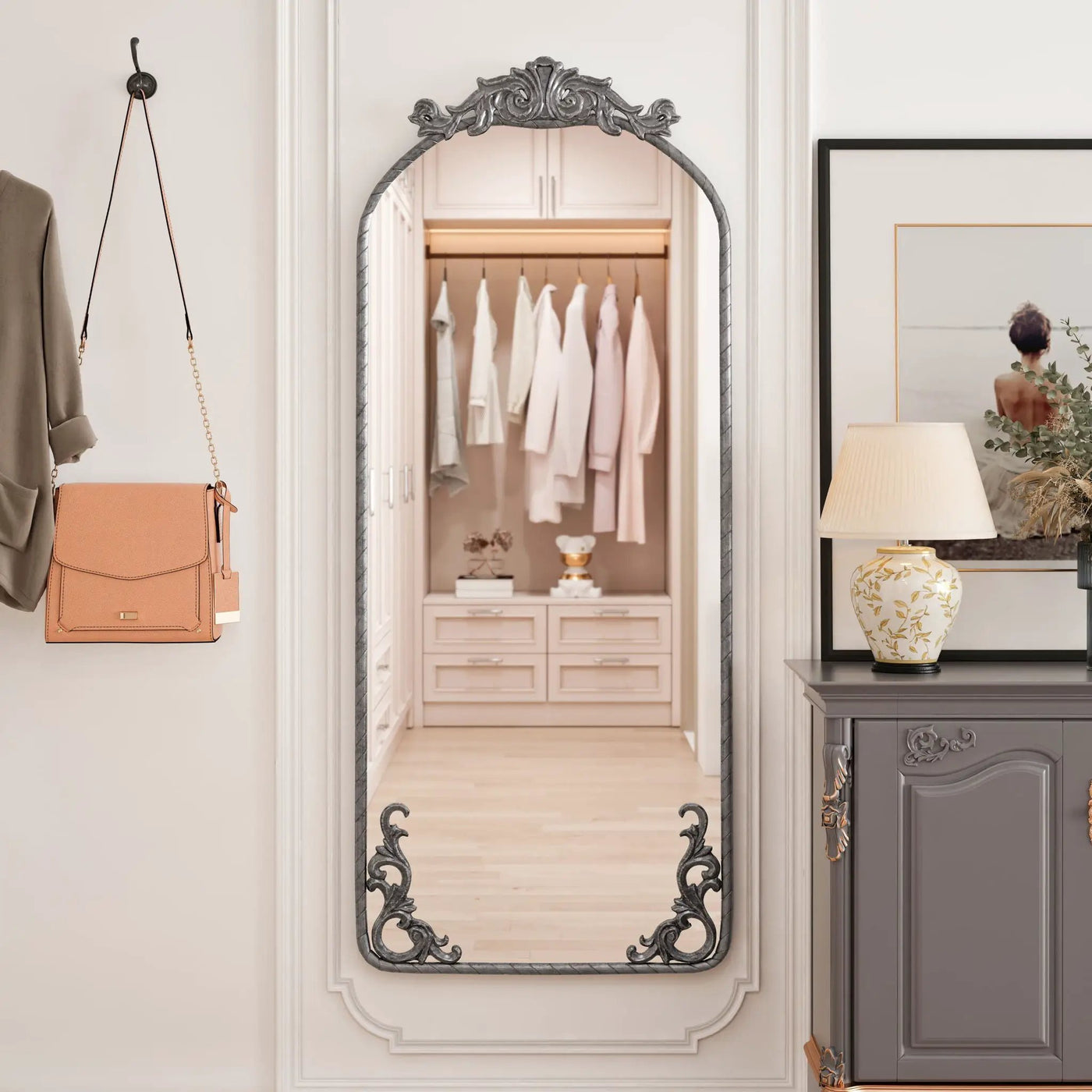 Full Body Arched Mirror With Vintage Carved Applique by HouseOfZazla