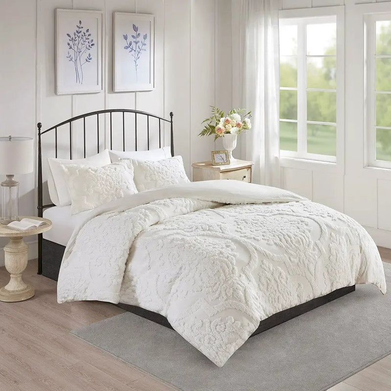 King/Cal King 3 Piece Tufted Cotton Chenille Damask Duvet Cover Set by HouseOfZazla