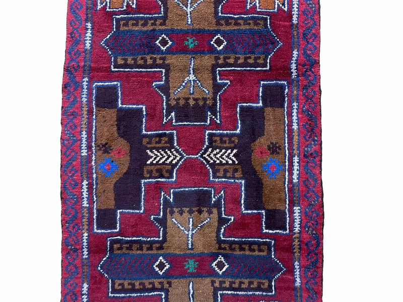 2' 10" X 4' 9" Vintage Handmade Tribal Wool Rug Balouchi Rug Afghan Rug Red Blue by Jewel Rugs