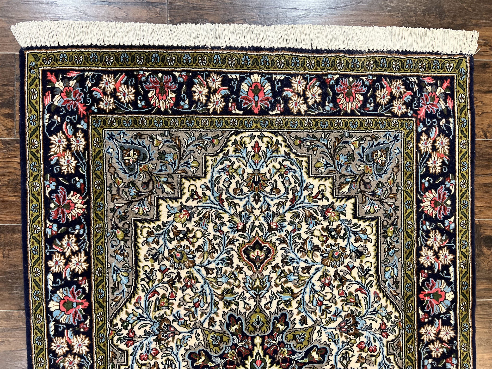 Persian Qum Rug 3x5, Wool with Silk Highlights, Handmade Semi Antique Carpet, Ivory & Navy Blue, Floral Medallion, Finely Hand Knotted by Jewel Rugs