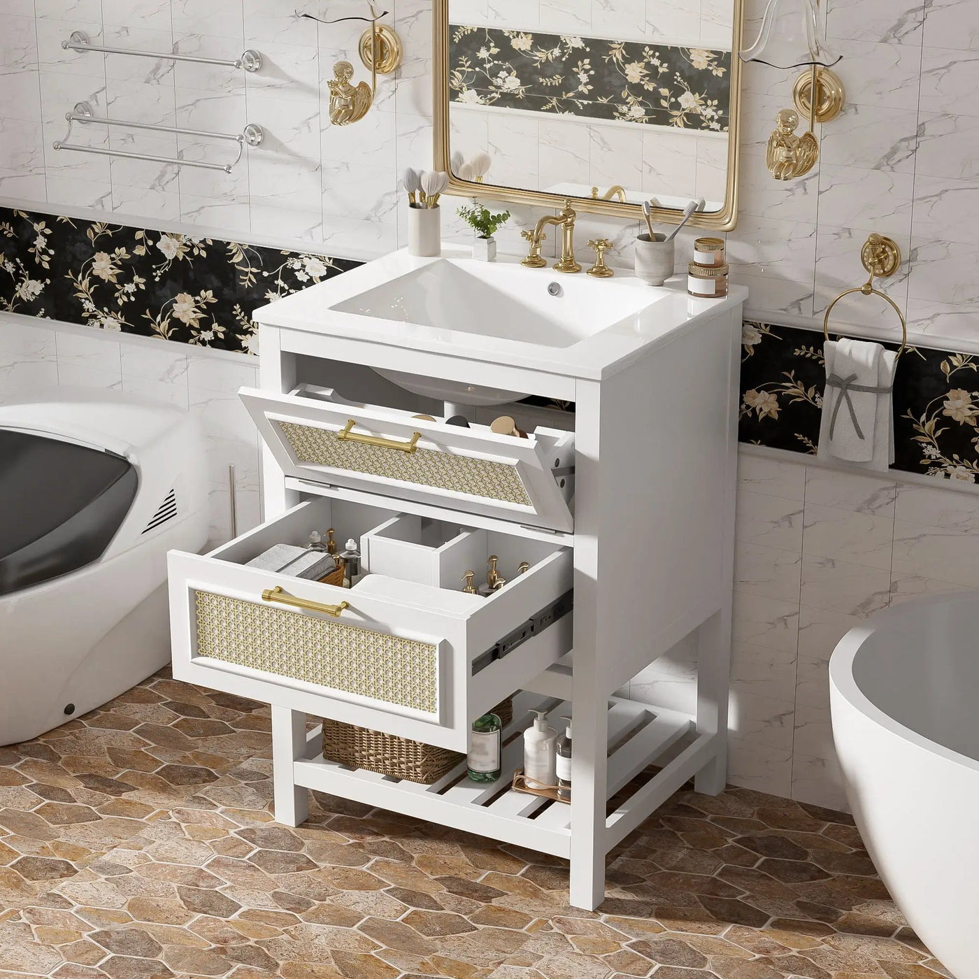 Modern Bathroom Vanity With Integrated Sink, Cabinet With 1 Deep Drawer And 1 Tip-Out Drawer by HouseOfZazla
