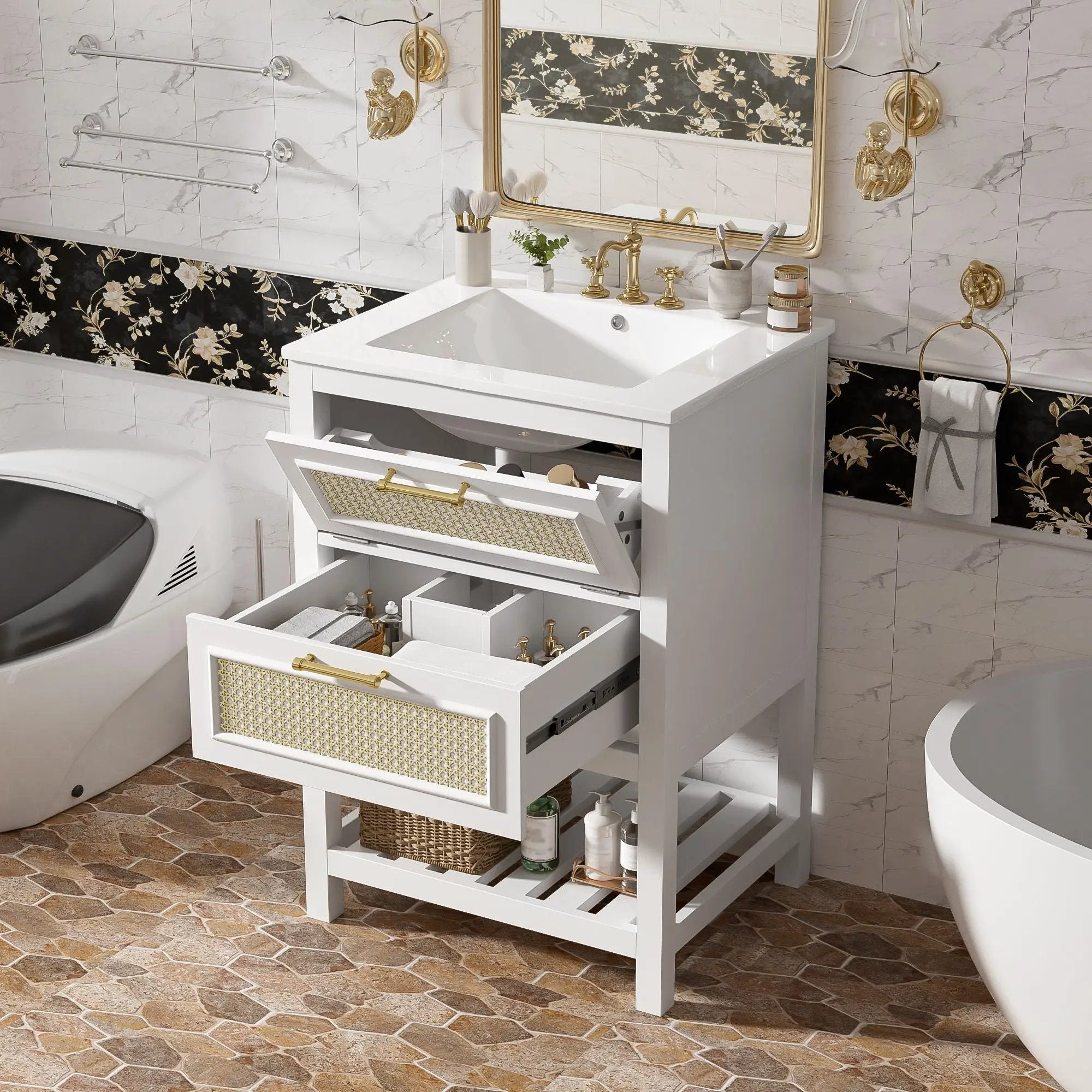 Modern Bathroom Vanity With Integrated Sink, Cabinet With 1 Deep Drawer And 1 Tip-Out Drawer by Unique Piece Furniture