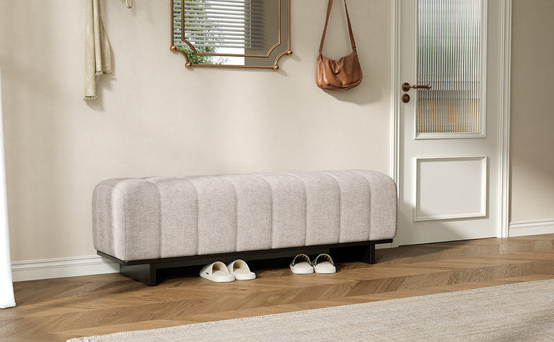 Indoor Dining Bench in Oatmeal Chenille Fabric with Rubber Wood Legs by HouseOfZazla