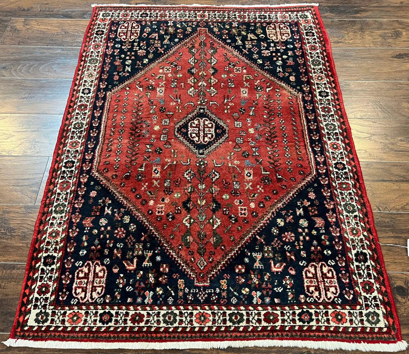 Persian Tribal Rug 3.6 x 5 ft, Persian Abadeh Rug, Geometric Medallion Bird Motifs, Red and Navy Blue Hand Knotted Handmade Wool Vintage Oriental Carpet by Jewel Rugs