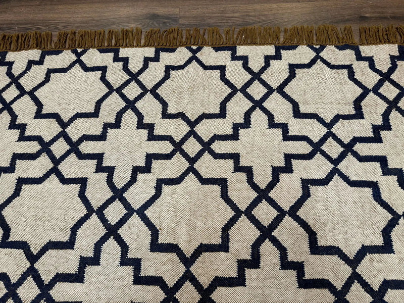 Indian Kilim Rug 8x10, Oat and Navy Blue, Dhurrie Carpet, Handmade, Wool by Jewel Rugs