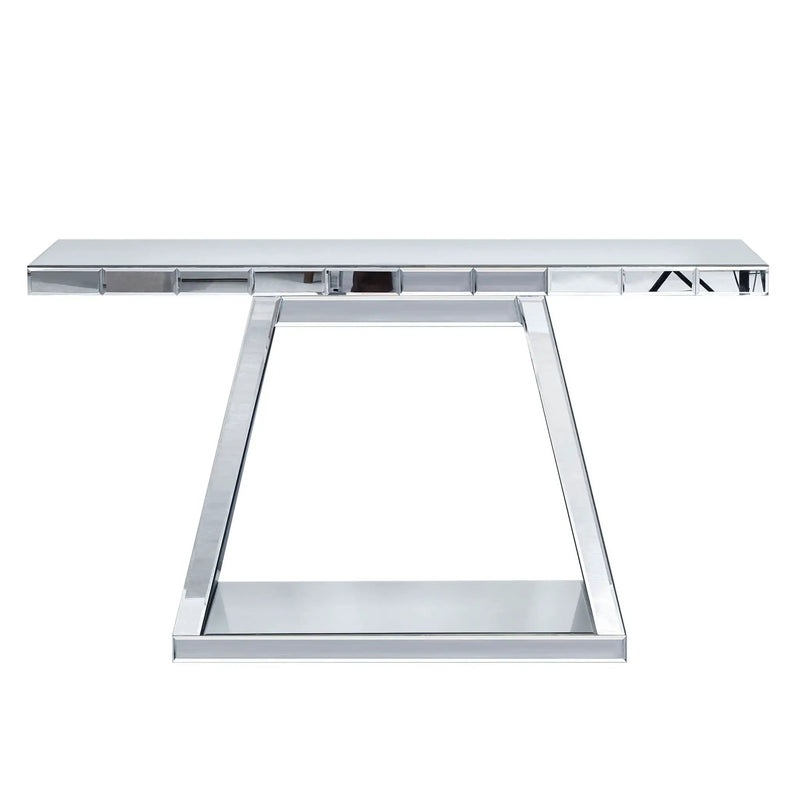Modern Luxe Full Body Mirror Entryway Table With Trapezoid Base, 360° Reflective Console, Scratch Resistant, Open Storage - Silver