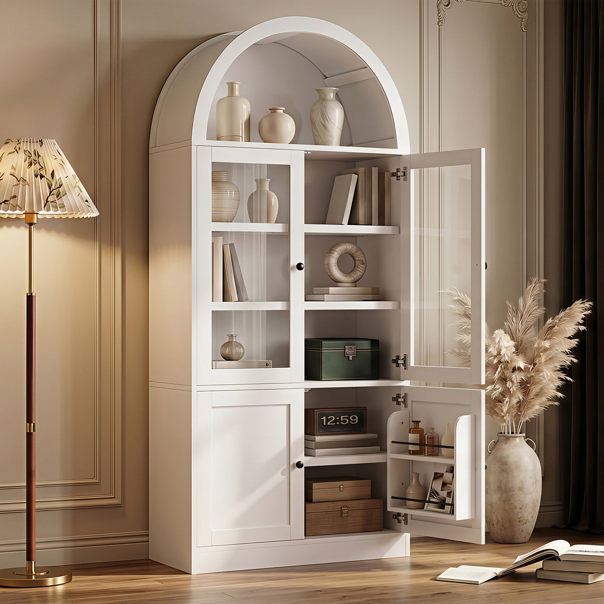 Tall Arched Top Storage Cabinet with Tempered Glass Doors - Natural or White, photo 2 of 10