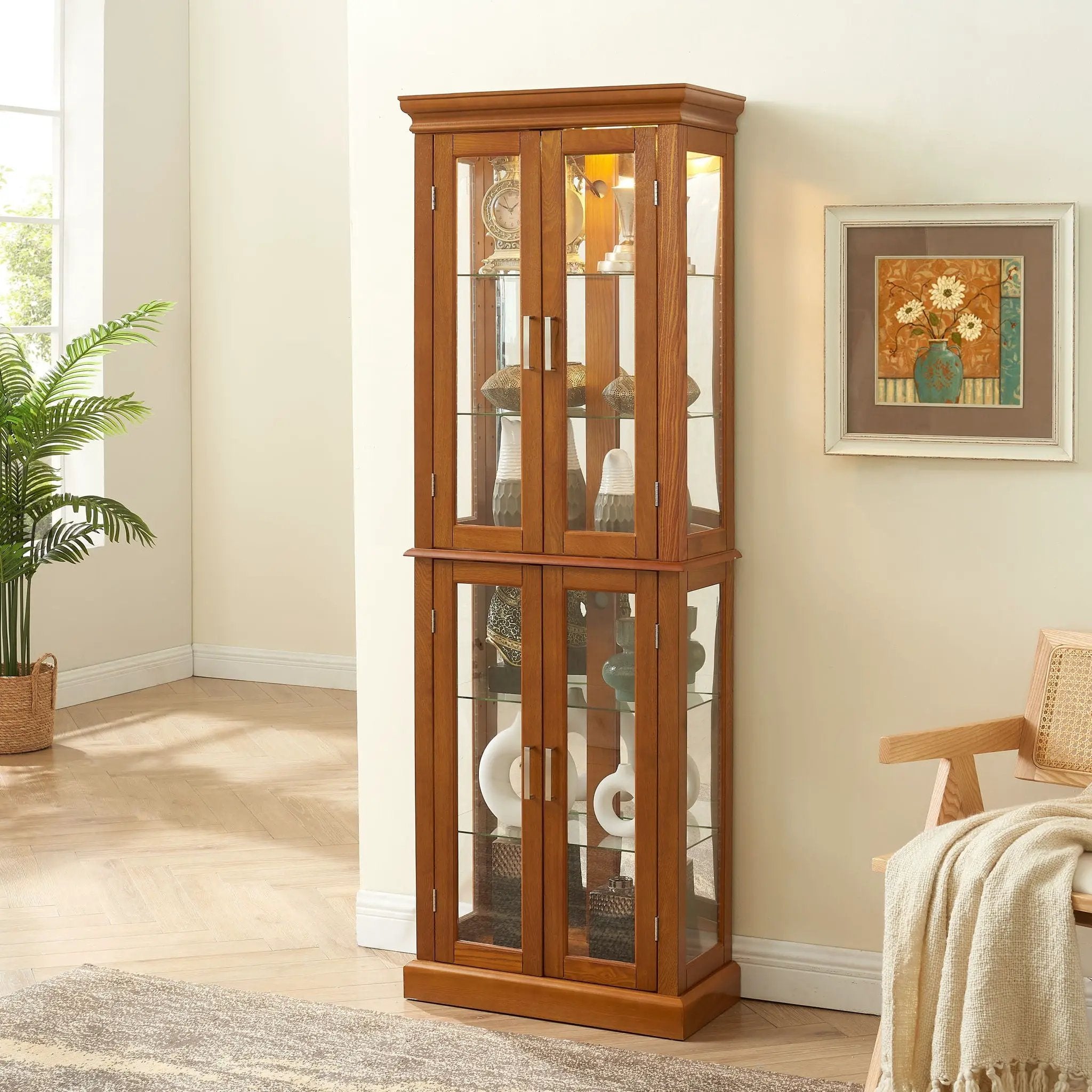 Curio Cabinet Lighted Curio Diapaly Cabinet With Adjustable Shelves And Mirrored Back Panel, Tempered Glass Doors (6 Tier), (E26 Light Bulb Not Included) by Unique Piece Furniture