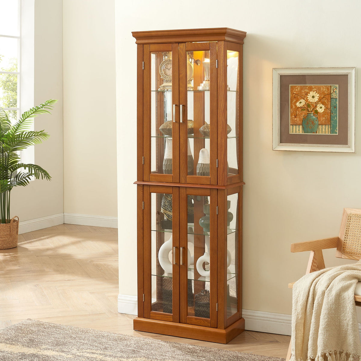 Lighted Curio Cabinet with Adjustable Shelves and Mirrored Back Panel - Dark Brown, Dark Red, Light Brown, photo 6 of 10
