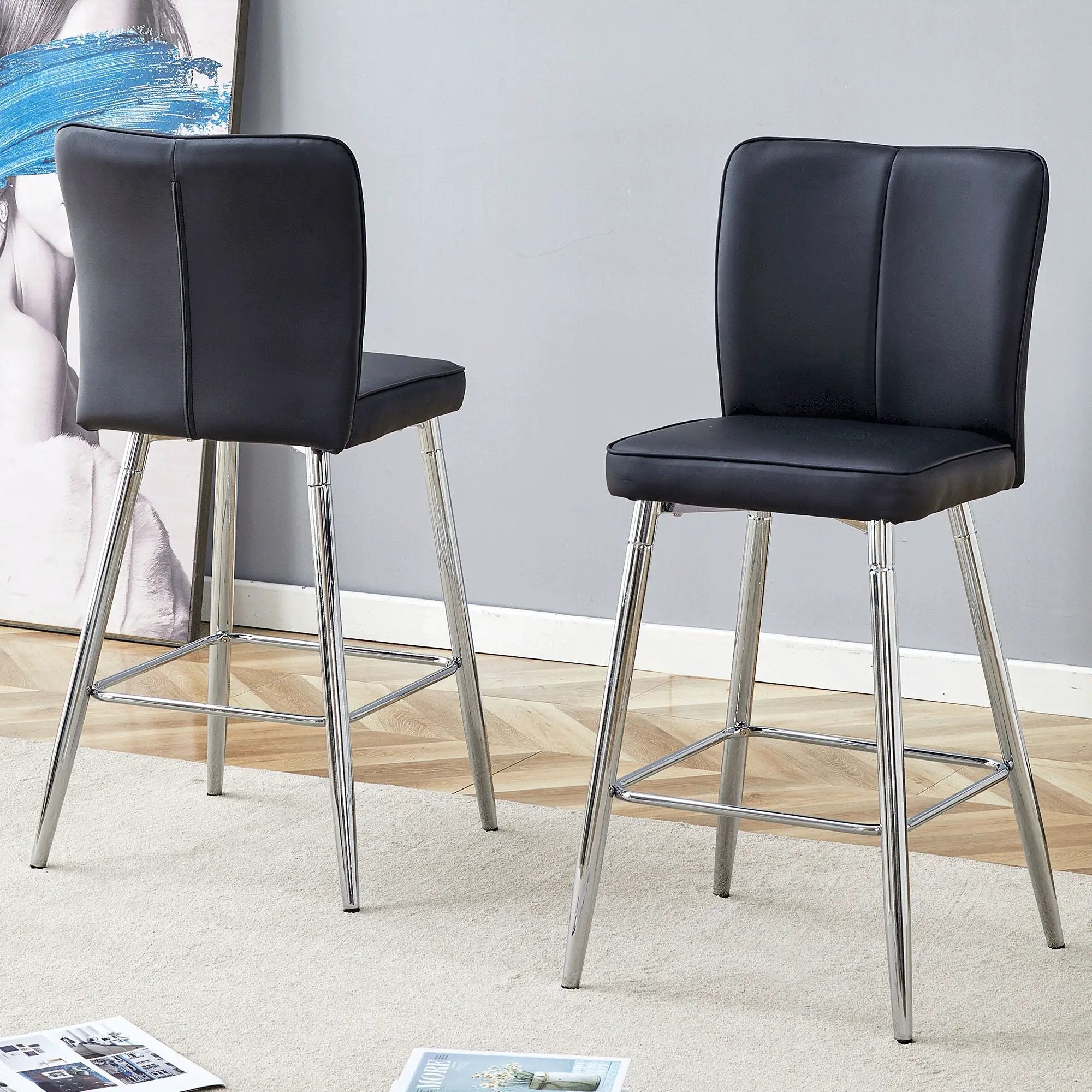 Modern Bar Chair Set Streamlined Backrest Metal Legs 2 Pieces - Black / Silver by Unique Piece Furniture