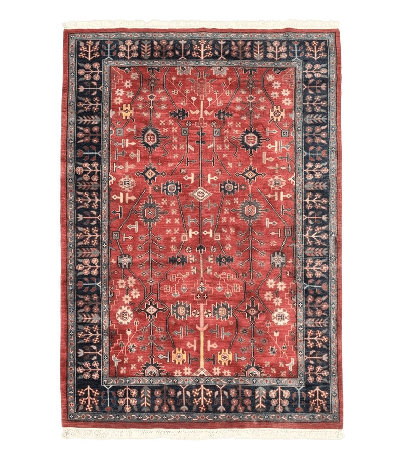 Indo Persian Heriz Serapi Rug 6x8, Rust Red and Navy Blue, Allover Pattern by Jewel Rugs