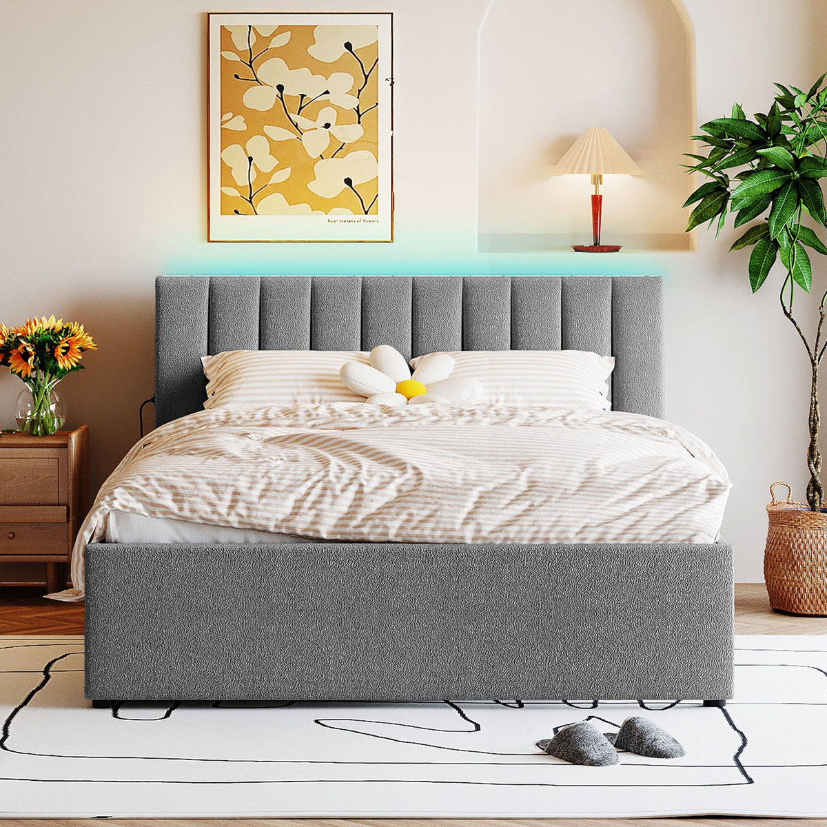 Upholstered Platform Bed With Trundle and LED Lights - Full or Queen, photo 35 of 40