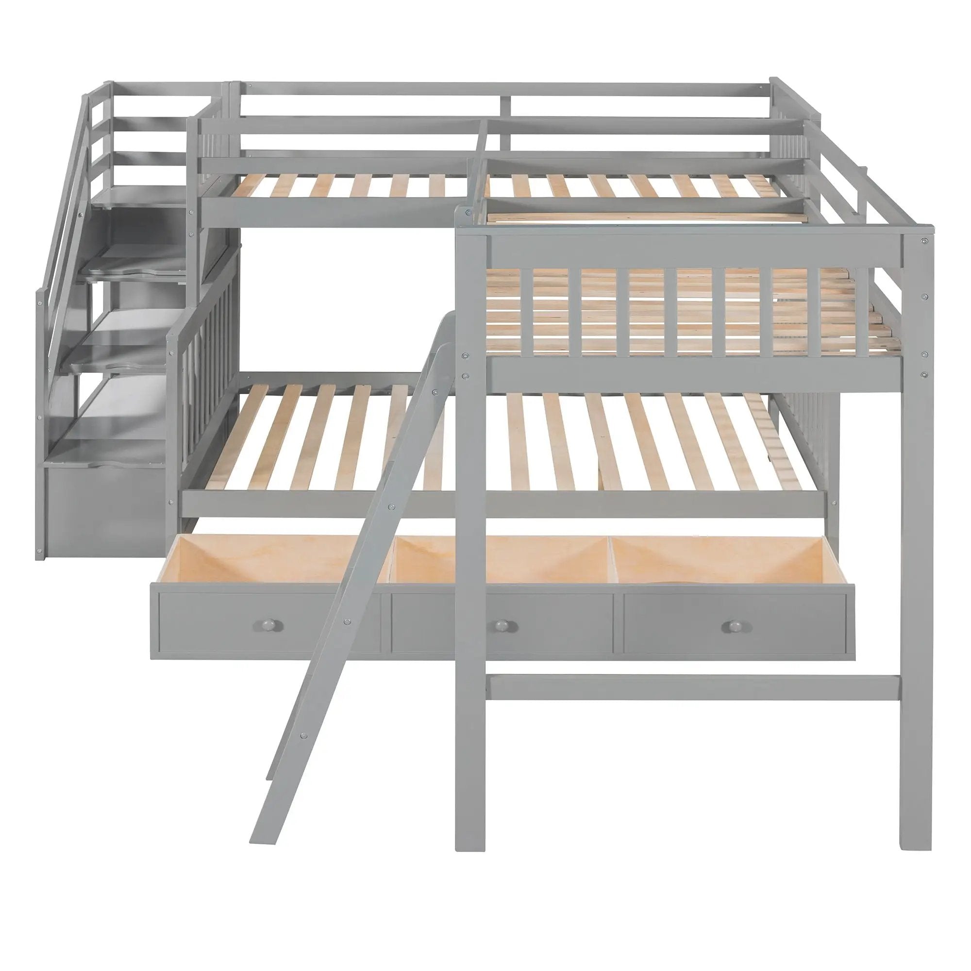 Solid L Shaped Bunk Bed With 3 Drawers, Ladder And Staircase by Unique Piece Furniture