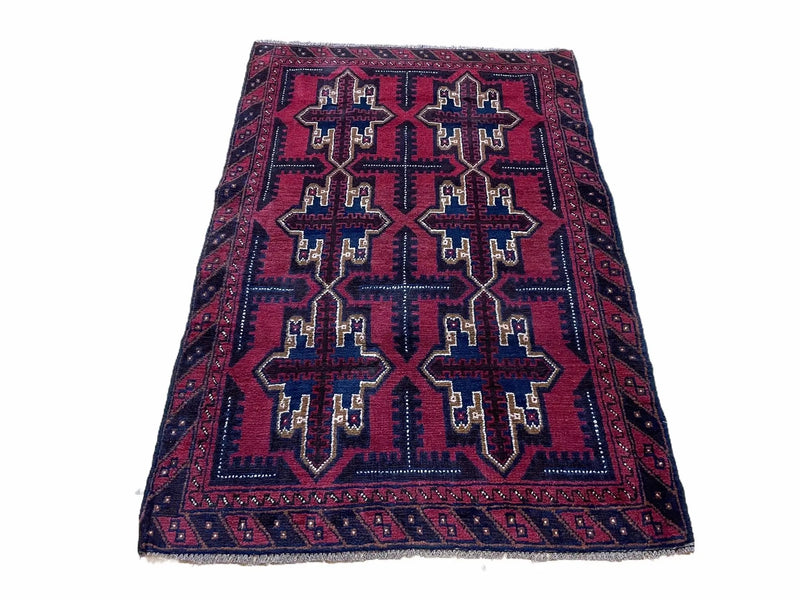 3X5 Vintage Handmade Tribal Wool Rug Balouchi Rug Afghan Rug Red Beige Blue Nice by Jewel Rugs