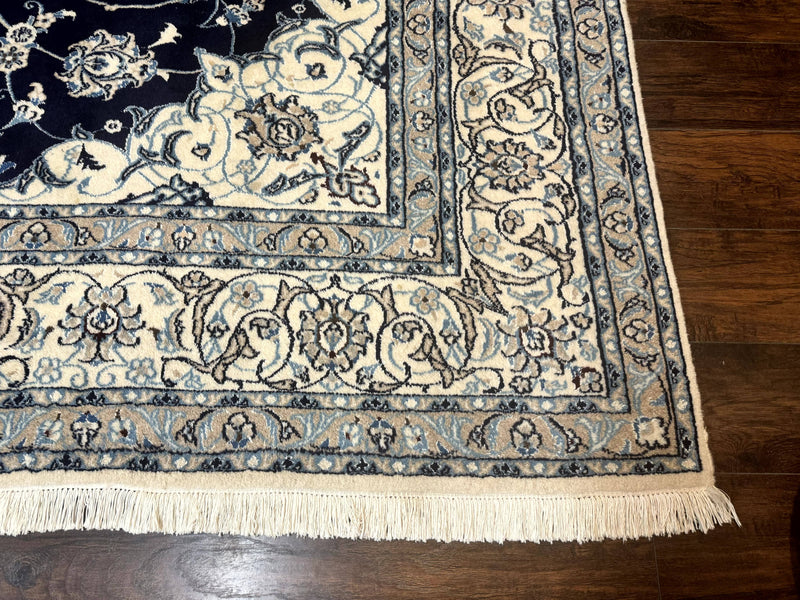 Persian Nain Rug 8x11, Navy Blue and Ivory, Handmade Wool Vintage Carpet, Floral Medallion by Jewel Rugs