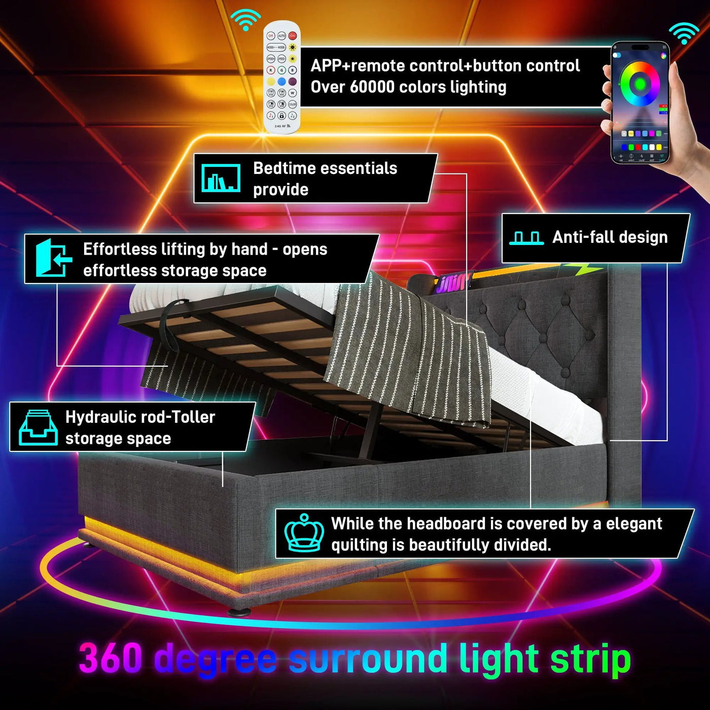 Upholstered Bed, 360 Surround LED Function, Remote Control, Hydraulic Storage Bed With USB, Type-C Charging (Without Mattress) by Unique Piece Furniture