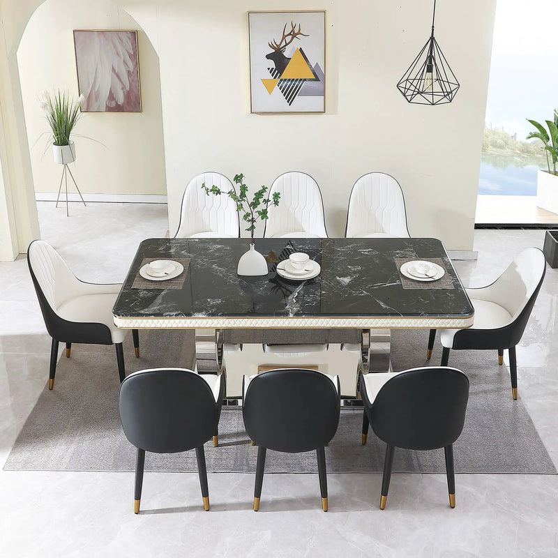 Luxury Modern Dining Table With Faux Marble Top And Dual Circle Base - Black by HouseOfZazla